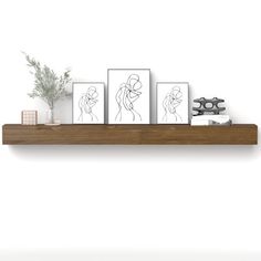 a shelf with three pictures on it next to a potted plant and other items