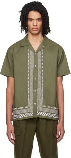 Plain-woven cotton shirt. · Open spread collar · Button closure · Graphic and check patterns embroidered at front · Logo flag at side seam · Vented side seams · Logo patch at back hem Supplier color: Olive green Green Embroidered Collared Shirt, Green Embroidered Button-up Shirt, Embroidered Green Cotton Shirt, Green Embroidered Cotton Shirt, Embroidered Cotton Shirt With Spread Collar, Cotton Embroidered Shirt With Spread Collar, Woven Cotton, Embroidered Shirt, Check Pattern