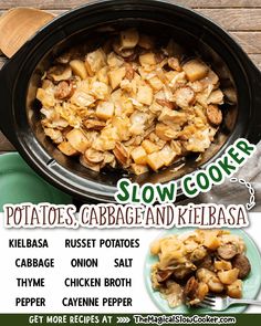 an advertisement for slow cooker potatoes, cabbage and kilbasa