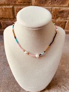 Very colorful choker with gold accents and freshwater pearls. Pearl Choker With Colorful Round Beads, Colorful Beaded Pearl Choker, Colorful Pearl Beaded Choker Necklace, Colorful Beads Pearl Choker Necklace, Colorful Beaded Pearl Choker Necklace, Colorful Choker, Crystal Lake, Choker Necklaces, Beaded Choker