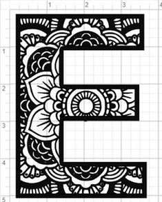 the letter e is made up of black and white paper with an intricate floral design