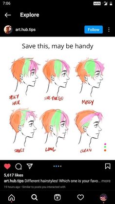 an image of different colored hair styles on someone's face and the caption says,