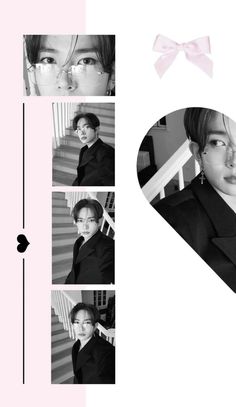 black and white photo collage with pink background