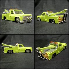 four different views of a green truck with chrome rims and flatbed, on black background