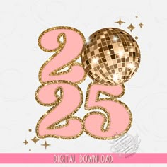 a pink and gold disco ball with the numbers 205