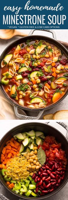 two pictures showing different types of vegetables in a pot with the words easy homemade minestone soup