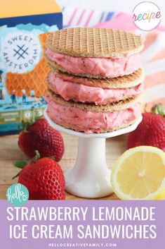 strawberry lemonade ice cream sandwiches stacked on top of each other