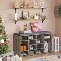 a living room with a christmas tree and shelves