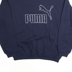 Item is in good used condition. >Size: S >Armpit To Armpit: 21" >Armpit To Cuff: 20" >Collar To Hem: 26" Puma Logo Crew Neck Sweatshirt For Streetwear, Casual Puma Logo Crew Neck Sweatshirt, Casual Long Sleeve Sweatshirt With Puma Logo, Navy Blue Sweatshirt, Blue Sweatshirt, Wholesale Shoes, Russell Athletic, Beauty Bag, Cardigan Coat