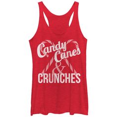 Prepare for the holiday season with the Chin Up Christmas Candy Canes and Crunches Heather Red Racerback Tank TOp! This cute red holiday shirt is fresh and fabulous with a slightly distressed print that reads "Candy Canes and Crunches" atop two candy canes. Size: medium. Gender: female. Age Group: adult. Material: Polyester. Christmas Candy Canes, Graphic Tank Tops, Chin Up, Red Candy, Holiday Shirt, Christmas Candy Cane, Candy Canes, Holiday Shirts, Trending Tshirts