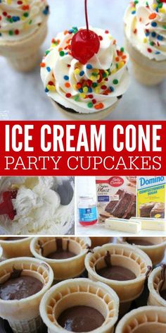 ice cream cone party cupcakes with chocolate frosting and sprinkles