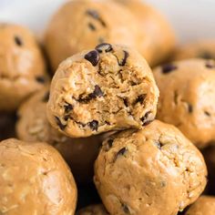 chocolate chip energy bites stacked on top of each other