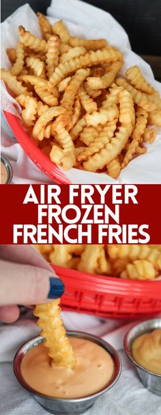 air fryer frozen french fries with dipping sauce in the middle and on the side