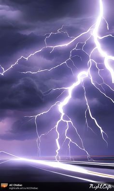 lightning strikes over the ocean on a stormy day with purple clouds and blue sky in the background