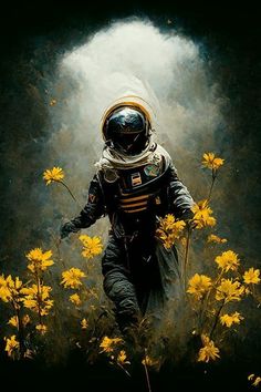 an astronaut walking through a field of yellow flowers