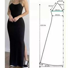 a woman in a black dress and measurements