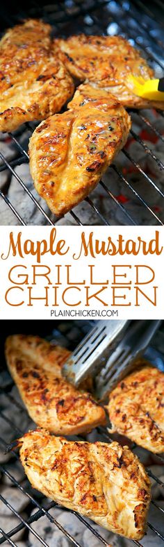 grilled chicken on the grill with text overlay that reads maple mustard grilled chicken