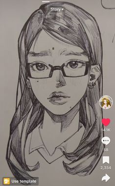 a drawing of a girl with glasses on her face and the caption story below