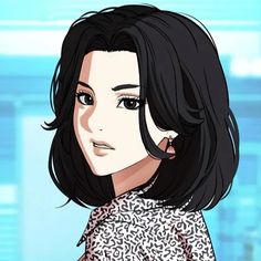 an anime character with black hair wearing a patterned shirt and earrings, looking at the camera