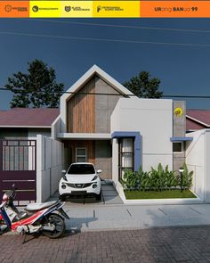 a small white car parked in front of a house next to a motor scooter