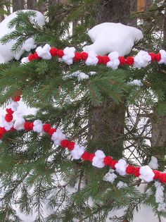 snow covered branches with red and white decorations