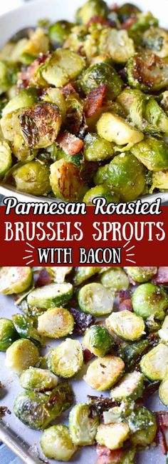 roasted brussel sprouts with bacon in a pan