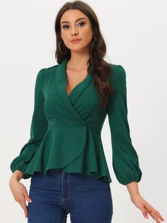 Shop Allegra K for peplum long lantern sleeve elegant wrap v neck office blouse you are looking for, get more women's blouses for yourelf. Order now! Free Returns! Womens Peplum Tops, Women Fall Tops, Office Blouse, Short Sleeve Tunic Tops, Lace Blouse Long Sleeve, Mock Neck Blouse, Tunic Tops Casual, Casual Tunics, Casual Long Sleeve Shirts