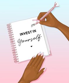 two hands holding a notebook with the words invest in yourself written on it and an open pen