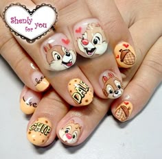 Chip And Dale Nail Art, Chip And Dale Nails, Ally Nails, Animal Nail Designs, Cartoon Nail Designs, Disney Inspired Nails, Disney Acrylic Nails, Disney Nail Art, Cartoon Nails