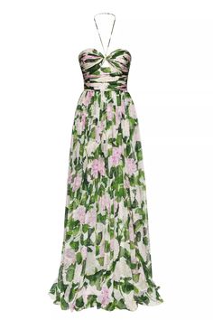 With the Florence Meadows Floral Print Maxi Dress, it'll be a day to remember! Lightweight poly fabric in green floral print throughout shapes this backless head-turner that features sweetheart neckline with halter tie. With a draped, form-fitting bodice, it flares elegantly at the waits to create a graceful floor-grazing A-line maxi skirt. Hidden back zipper/clasp. Refer to size chart below to find your perfect fit. 100% Polyester. Lined. Runs true to size. Hand Wash Cold. Do Not Bleach. Line D Color Dresses, Floral Gown, Green Maxi, Women Halter, Chiffon Material, Floral Print Maxi Dress, Floral Print Maxi, Maxi Dress Green, Halterneck Dress