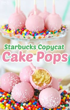 pink cake pops with sprinkles on top and the words starbucks copycat cake pops