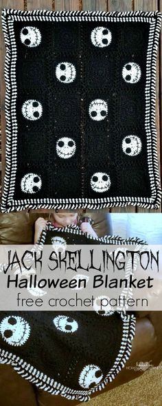 a crocheted halloween blanket with skulls on it and the words jack skellingington