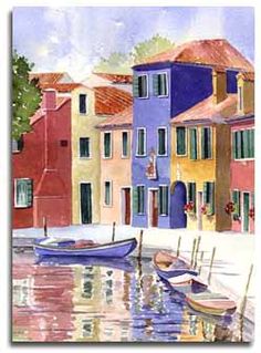 watercolor painting of boats docked in front of colorful buildings