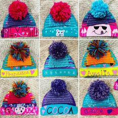 six different hats with pom poms on them