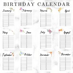 the printable birthday calendar is shown on a marble surface with flowers and leaves around it