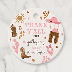 a thank card with pink and brown items on it