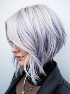 22 Stunning Winter Shag Hairstyles: From Classic Cuts to Colorful Creations Silver And Lavender Hair, Lilac Highlights Blonde, Silver Hair With Purple, Lavender Gray Hair, Silver And Purple Hair, Grey Hair With Purple Highlights, Lilac Silver Hair, Platinum Silver Hair Color, Silver Lavender Hair