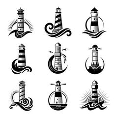 different lighthouses and waves in black and white