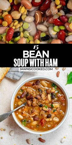 bean soup with ham and beans in a white bowl