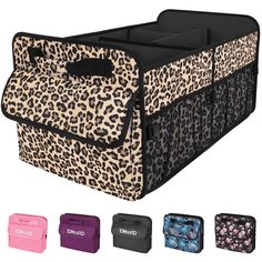 an animal print storage bag with multiple compartments