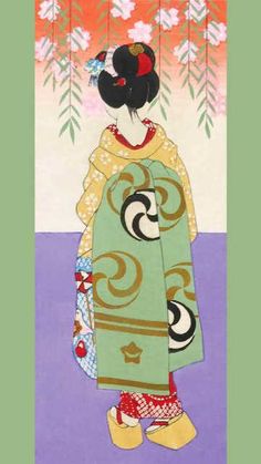 a painting of a woman in traditional japanese clothing