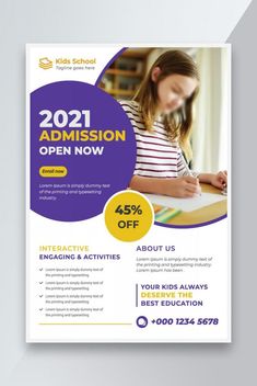 a purple and yellow flyer for a school with a girl writing on the desk in front of her