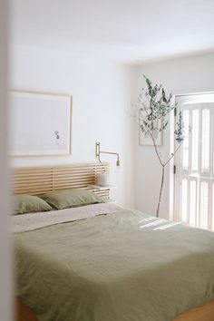 Nature Inspired Linen Bedding Combo Green Linen Bedding Styling, Natural Minimalist Bedroom, Green Beige Bedroom, Green Minimalist Bedroom, Earthy Minimalist Bedroom, Warm Minimalist Bedroom, Green And Beige Bedroom, Linen Bedding Styling, Joanna Gaines Bedroom