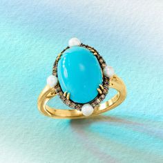 Ross-Simons - Turquoise, 2.5mm Cultured Pearl Ring, .29ct t. w. Brown Diamonds Over Sterling. Size 9. Be admired for your masterful style when you wear our marvelous ring! A color-rich 14x10mm oval of stabilized turquoise is haloed by .29 ct. t. w. round brown diamonds and dotted with 2.5mm cultured freshwater pearls. Finely crafted in polished 18kt yellow gold over sterling silver. Black rhodium. 3/4" wide. Brown diamond, white pearl and turquoise ring. Diamond birthstones are the perfect gift Cultured Pearl Ring, Brown Diamonds, Diamond Birthstone, Brown Diamond, Freshwater Cultured Pearls, Black Rhodium, Ring Diamond, Pearl Ring, White Pearl