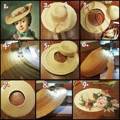 the steps to make a straw hat with flowers and ribbon on it are shown in several different ways