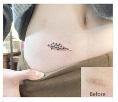 a woman's stomach with a small tattoo on her left side, before and after it has been inked