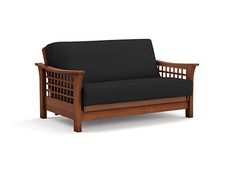 a wooden frame loveseat with black cushions