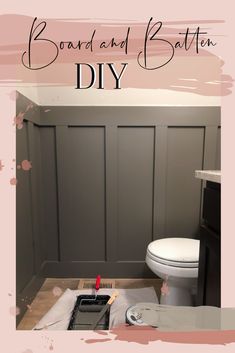 a white toilet sitting inside of a bathroom next to a wooden paneled wall with the words board and batten diy on it