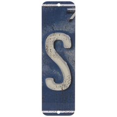 a blue and white sign with the letter s on it