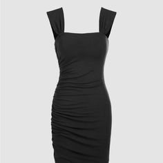 Stretch Dress Color Black 42%Polyester 50% Rayon 8% Spandex Square Neck Black Bodycon Dress With Ruched Back, Black Bodycon Mini Dress With Ruched Detail, Black Mini Dress With Square Neck And Ruched Detail, Black Stretch Mini Dress With Ruched Sides, Sleeveless Black Midi Dress With Ruched Sides, Fitted Black Bodycon Dress With Ruched Sides, Fitted Black Bodycon Dress With Ruched Back, Summer Black Bodycon Dress With Ruched Bodice, Black Fitted Bodycon Dress With Ruched Back